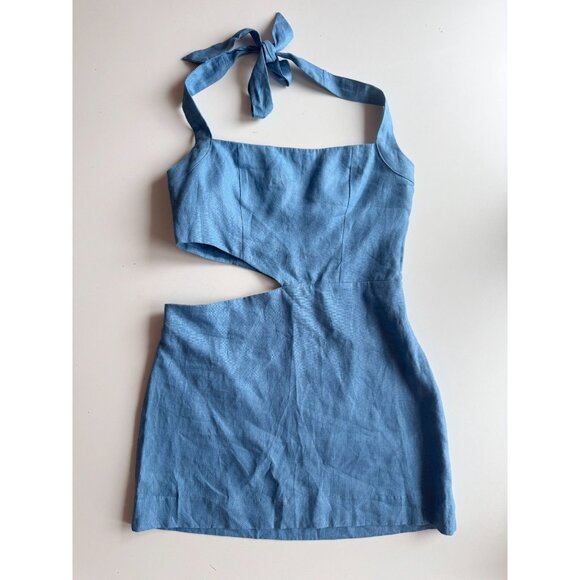 REFORMATION Valli Parisian Blue Linen Cut Out Mini Halter Dress, Size 8 - Picture 5 of 13